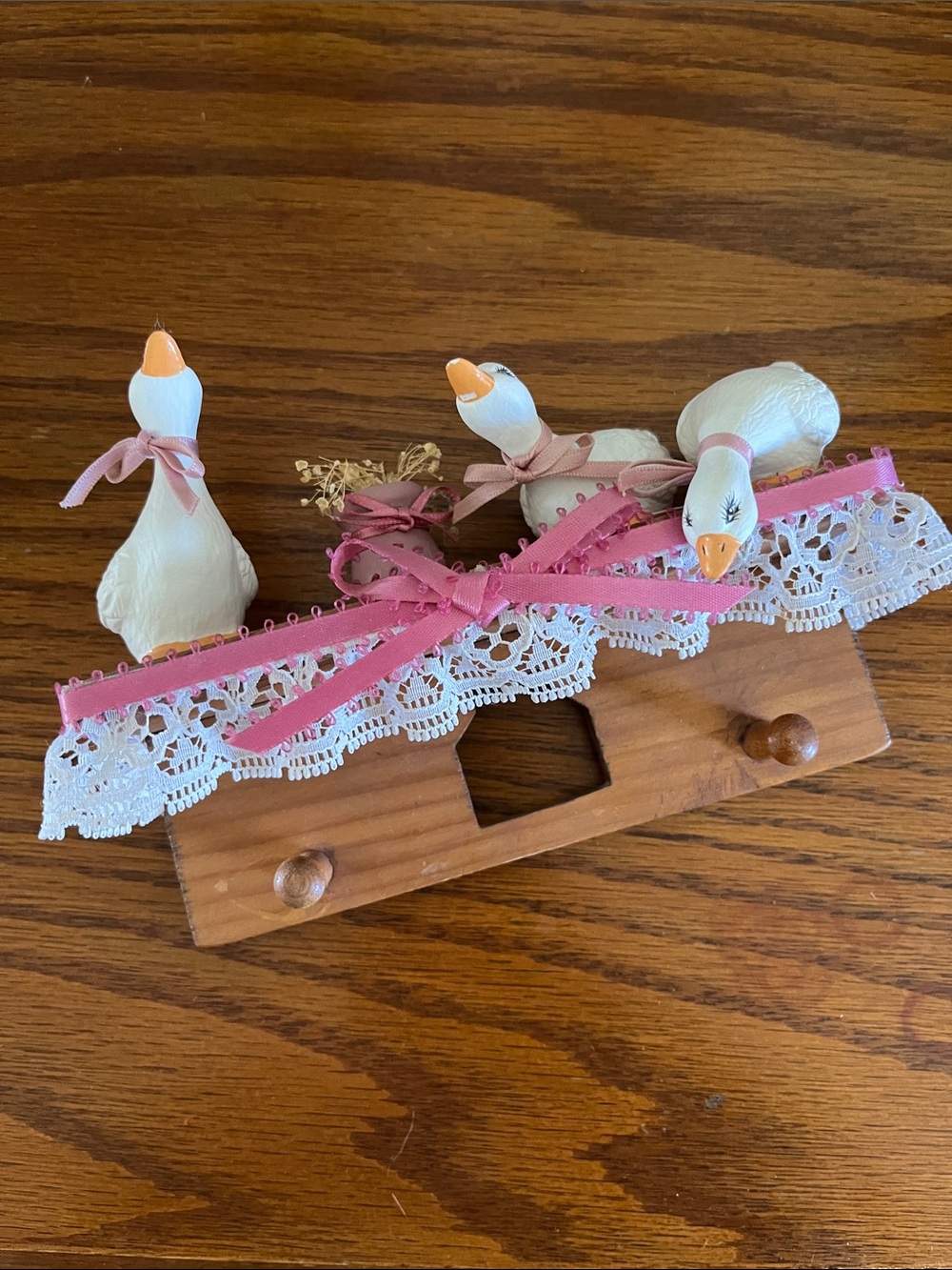 Vintage cottagecore mini Wooden Goose Wall Hook Rack with Pink Ribbon and Lace